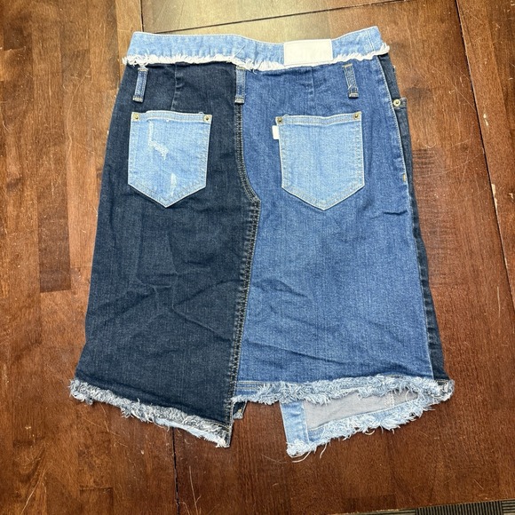 SJYP Womens Denim Patchwork Asymmetrical Fringe Pencil Skirt Blue Size Medium‎ - Picture 2 of 8